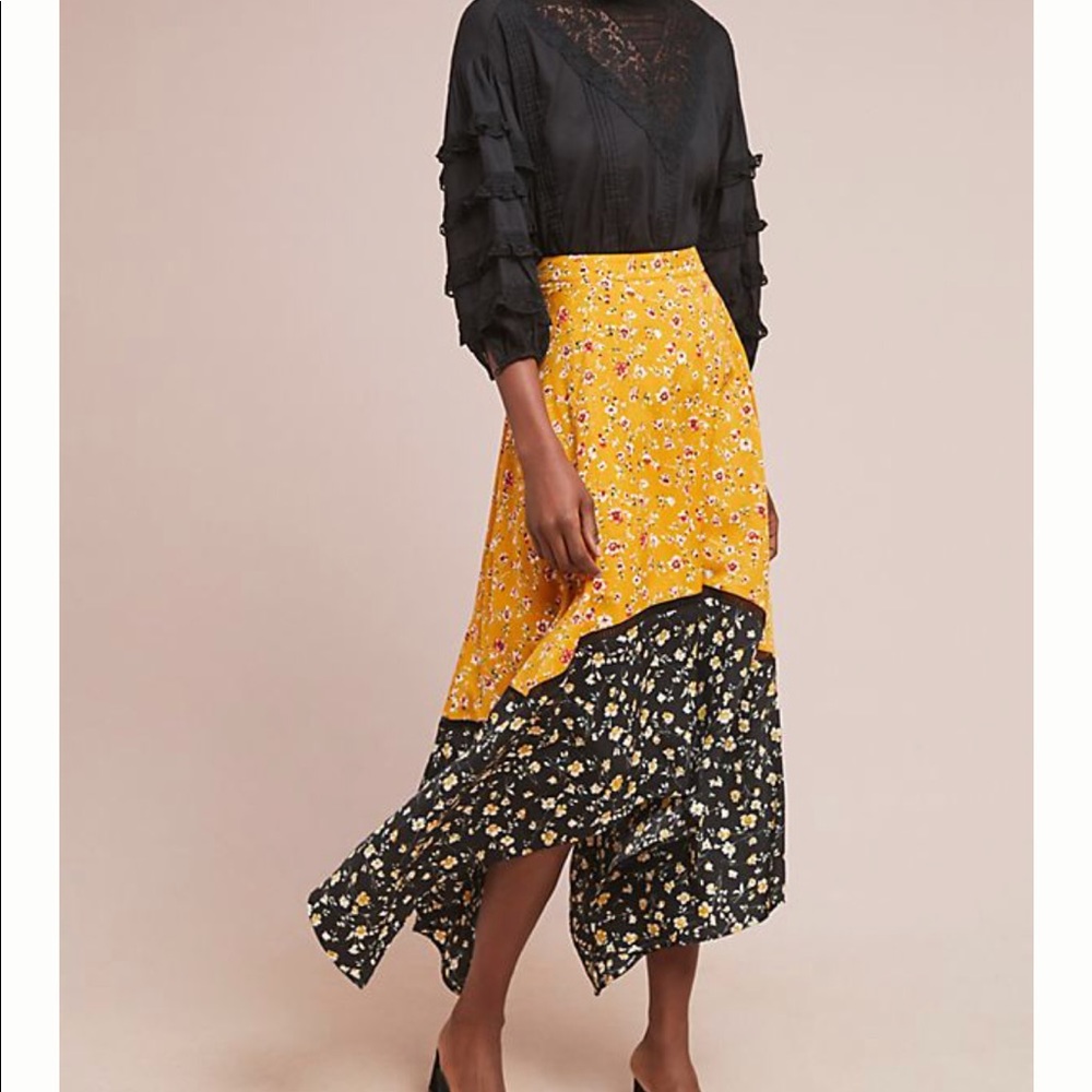 Anthropologie Isla Maude Yellow Floral Midi Skirt XS